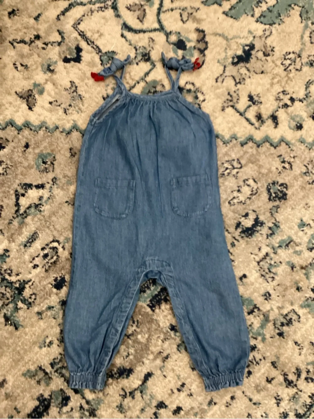 Old Navy Denim-Look Tie-Shoulder Romper in Blue with Red Accents